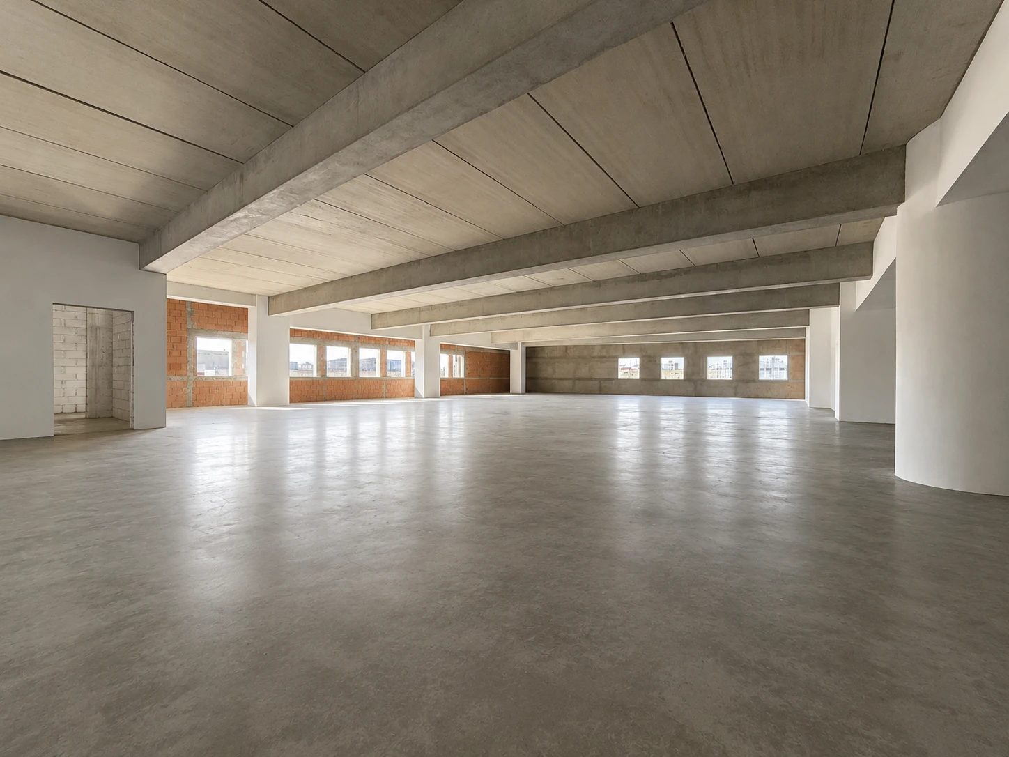 Étage en chantier : plateau béton avec fenêtres en bandeau et poutres apparentes