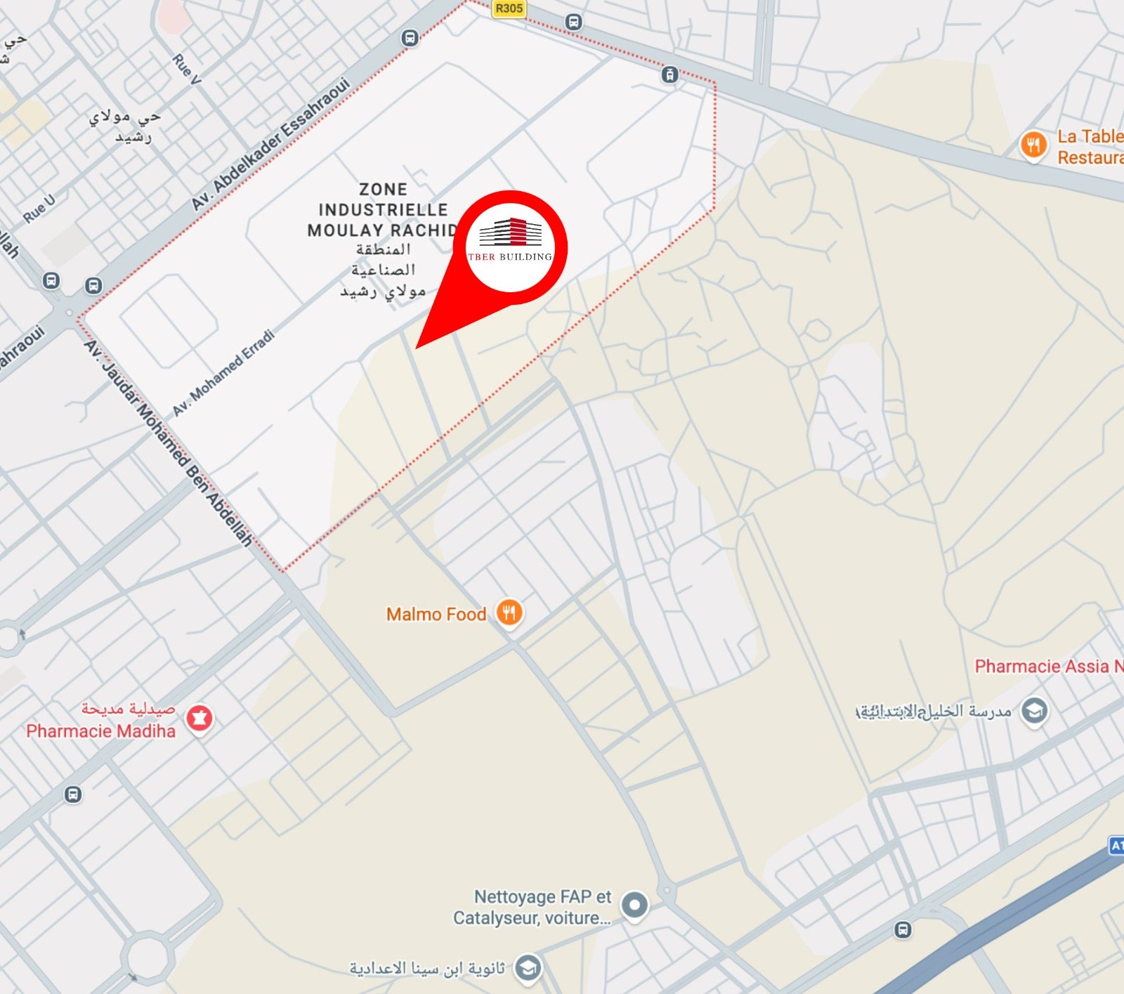 Plan de situation : TBER BUILDING dans la zone industrielle Moulay Rachid, entre la R305, l'avenue Abdelkader Essahraoui et l'avenue Jaudar Mohamed Ben Abdellah